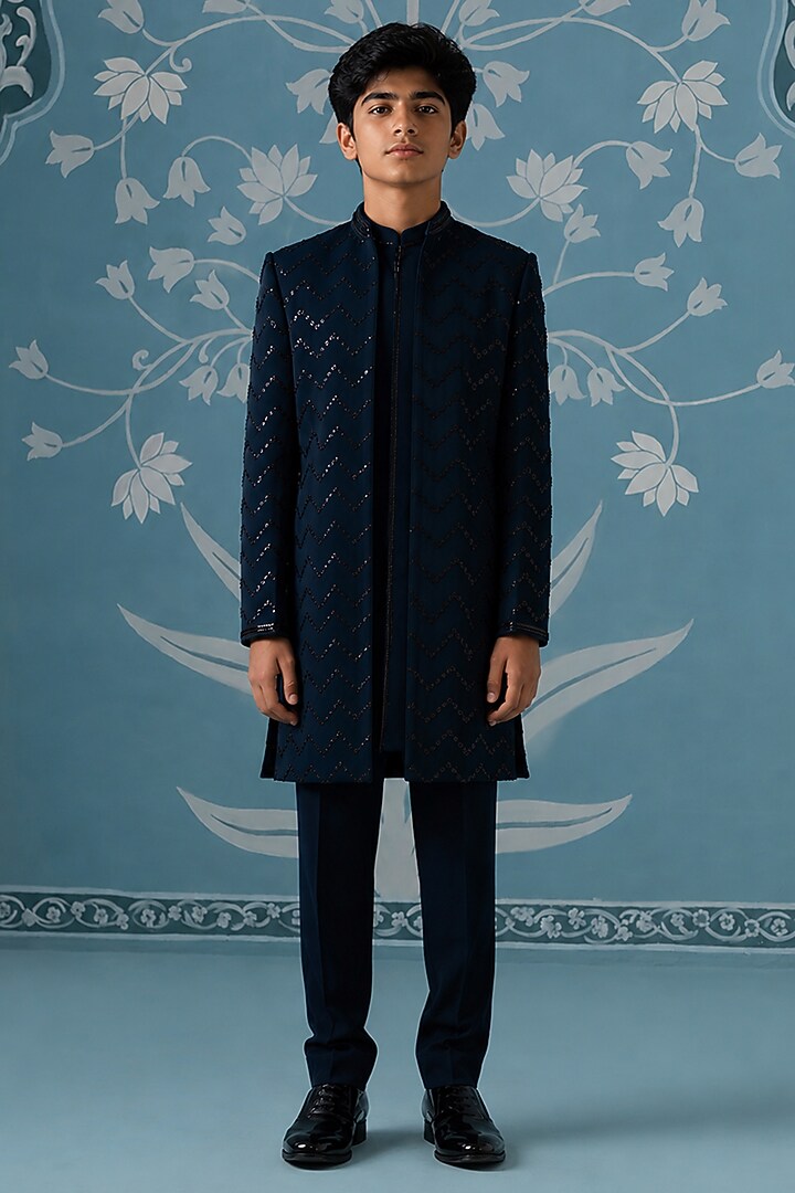 Blue Poly Cotton Embroidered Indowestern Set For Boys by The Ethnic Co Kids at Pernia's Pop Up Shop