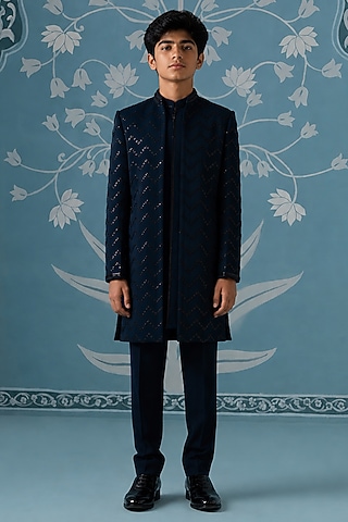 Blue Poly Cotton Embroidered Indowestern Set For Boys by The Ethnic Co Kids