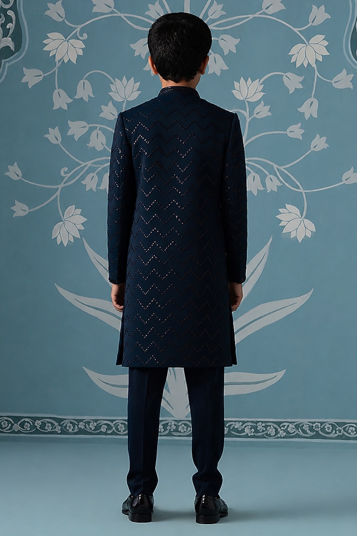 Blue Poly Cotton Embroidered Indowestern Set For Boys by The Ethnic Co Kids at Pernia's Pop Up Shop