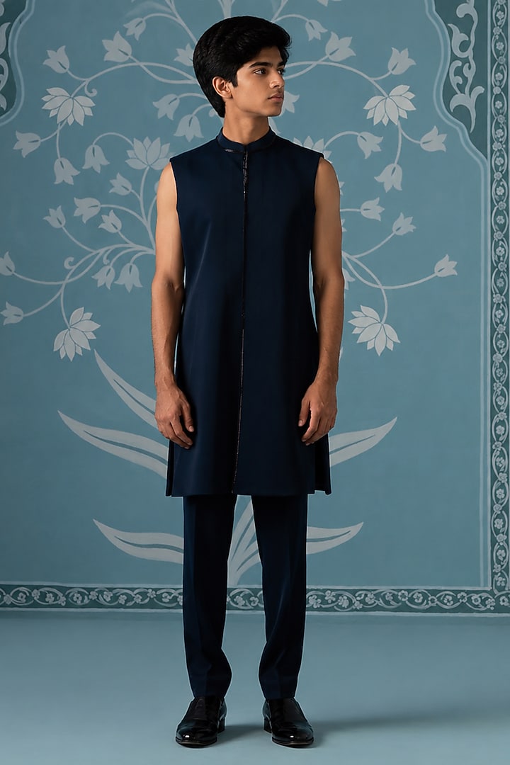 Blue Poly Cotton Embroidered Indowestern Set For Boys by The Ethnic Co Kids at Pernia's Pop Up Shop