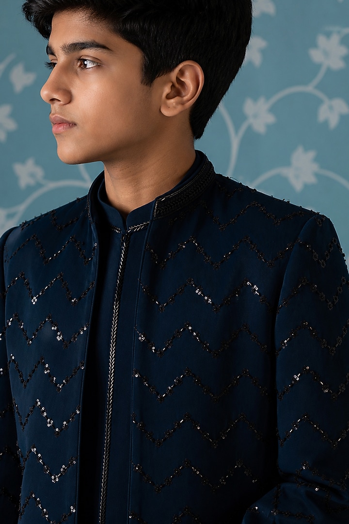 Blue Poly Cotton Embroidered Indowestern Set For Boys by The Ethnic Co Kids at Pernia's Pop Up Shop