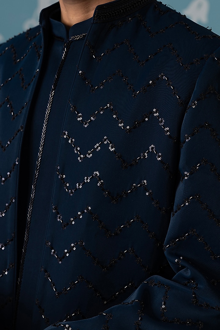 Blue Poly Cotton Embroidered Indowestern Set For Boys by The Ethnic Co Kids at Pernia's Pop Up Shop