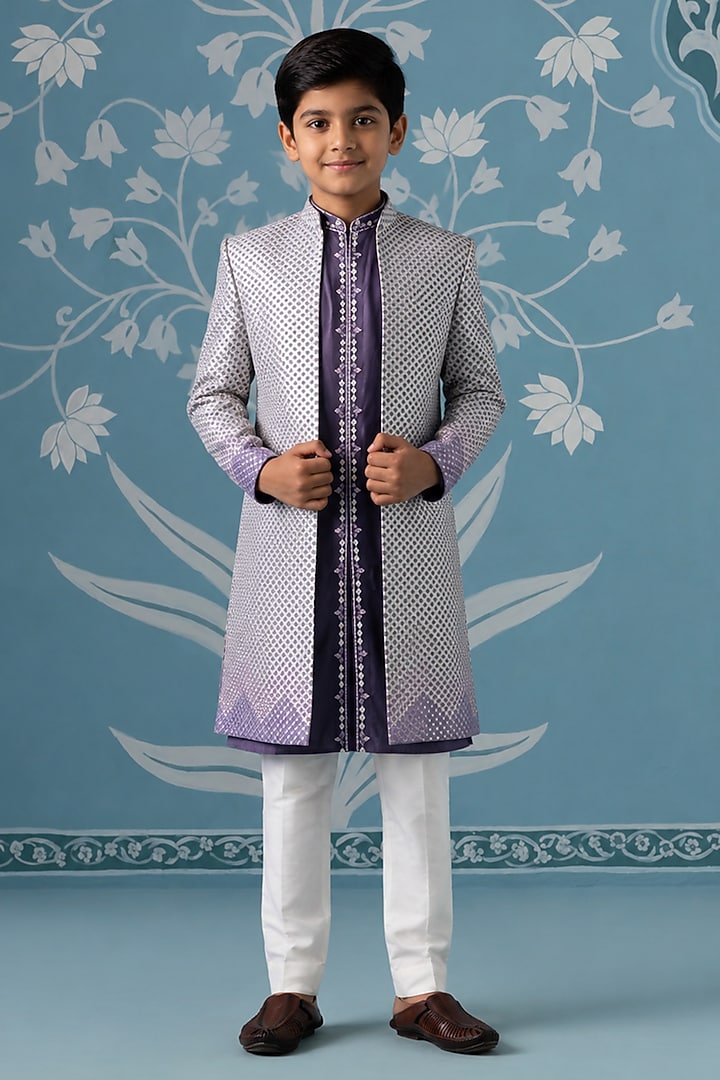 Purple Ombre Mul Cotton Gota Embroidered Indowestern Set For Boys by The Ethnic Co Kids at Pernia's Pop Up Shop