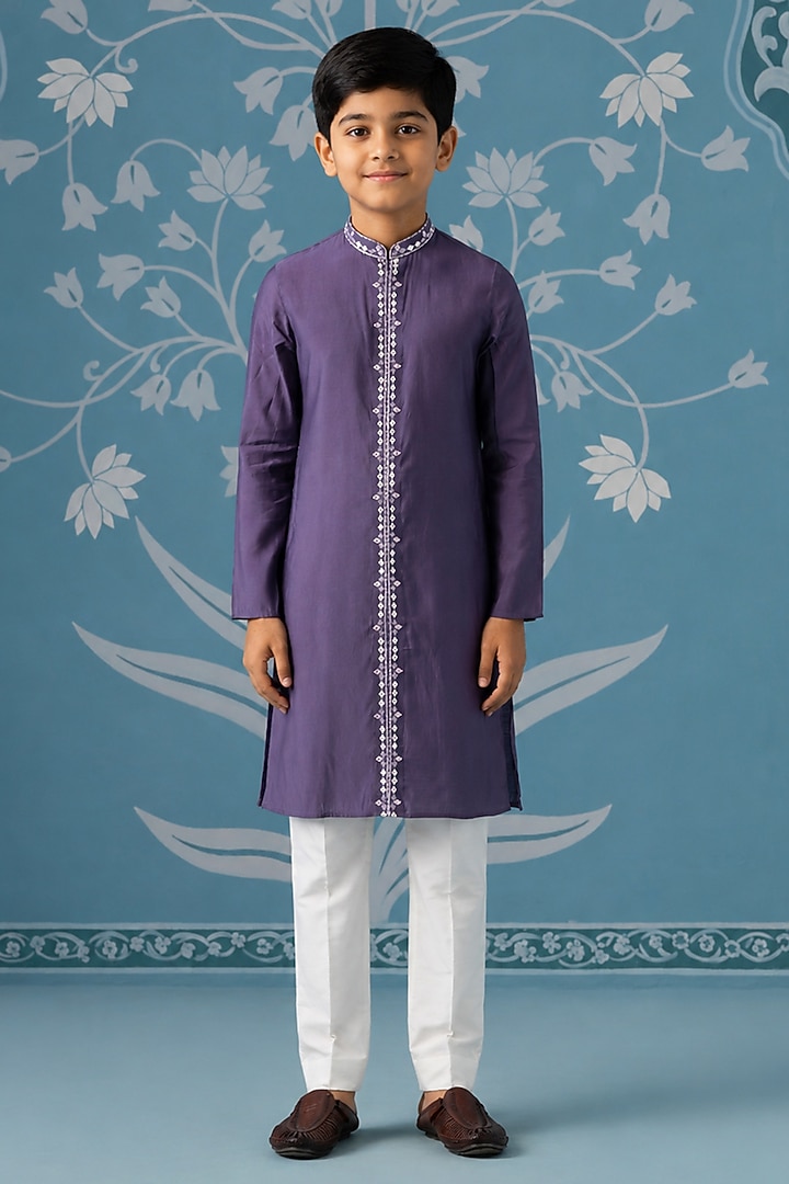 Purple Ombre Mul Cotton Gota Embroidered Indowestern Set For Boys by The Ethnic Co Kids at Pernia's Pop Up Shop