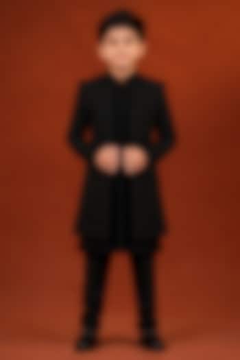 Black Polyester Textured Indowestern Set For Boys by The Ethnic Co Kids at Pernia's Pop Up Shop