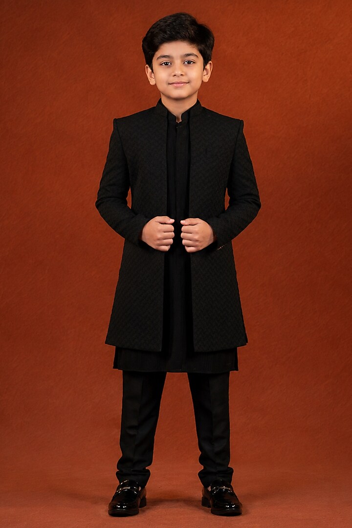Black Polyester Textured Indowestern Set For Boys by The Ethnic Co Kids at Pernia's Pop Up Shop