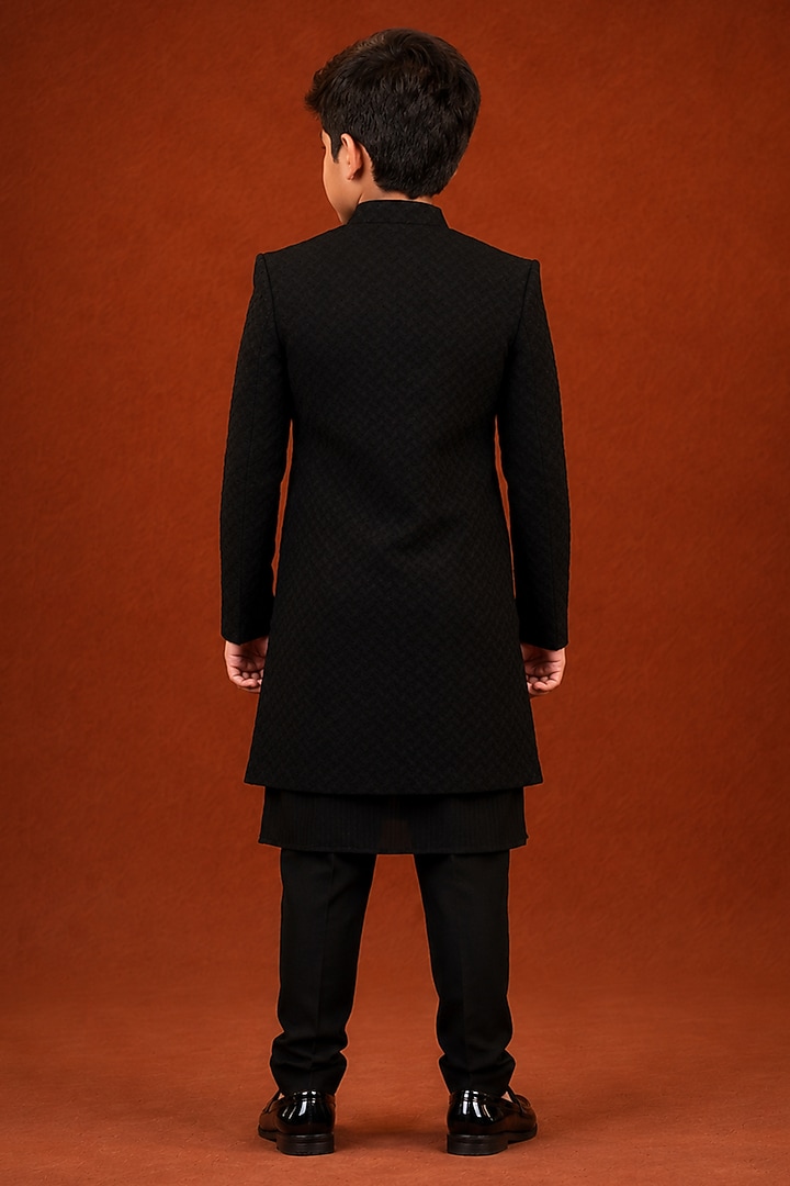 Black Polyester Textured Indowestern Set For Boys by The Ethnic Co Kids at Pernia's Pop Up Shop