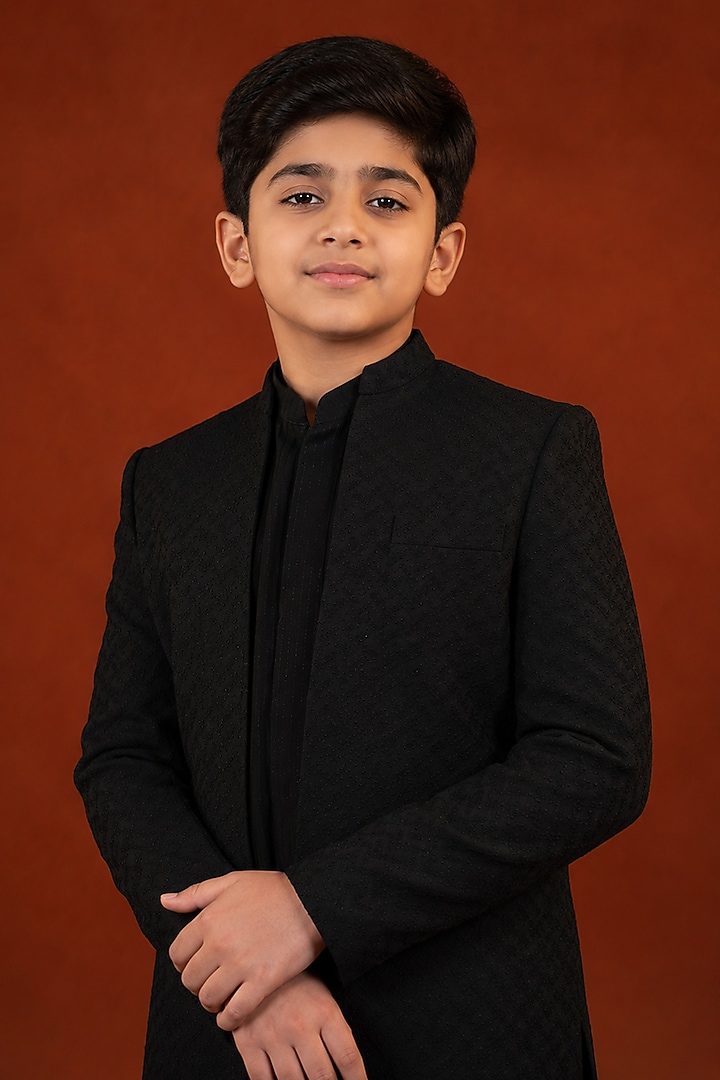 Black Polyester Textured Indowestern Set For Boys by The Ethnic Co Kids at Pernia's Pop Up Shop
