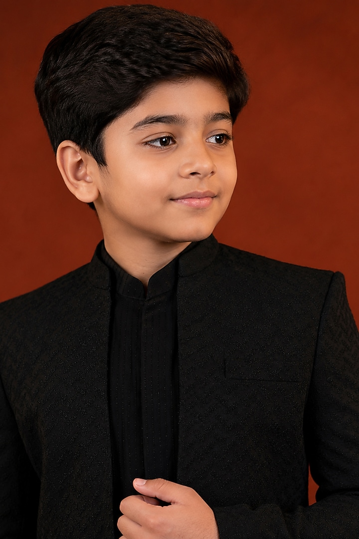 Black Polyester Textured Indowestern Set For Boys by The Ethnic Co Kids at Pernia's Pop Up Shop