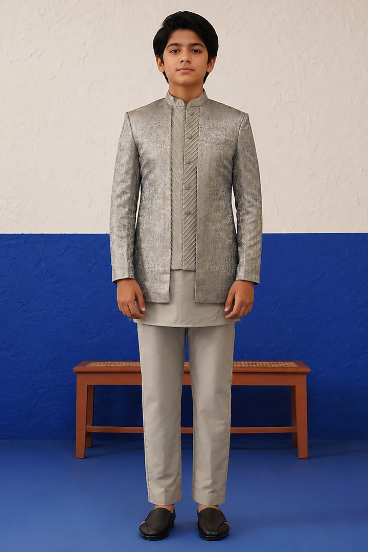 Beige Jacquard Floral Printed Indowestern Set For Boys by The Ethnic Co Kids at Pernia's Pop Up Shop