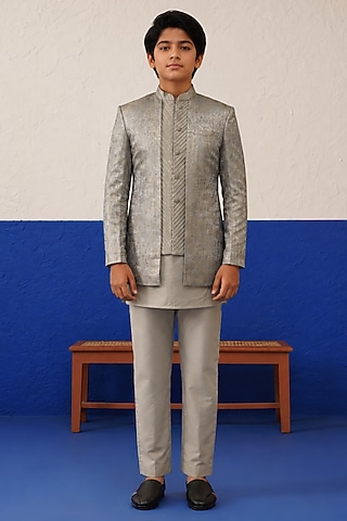 Beige Jacquard Floral Printed Indowestern Set For Boys by The Ethnic Co Kids