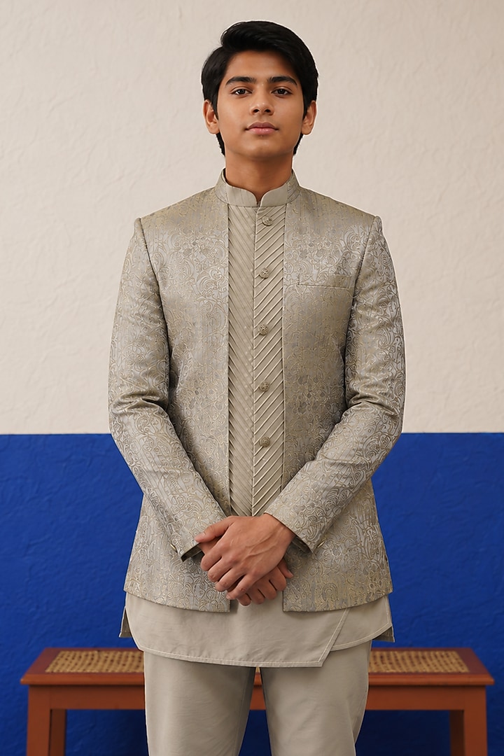 Beige Jacquard Floral Printed Indowestern Set For Boys by The Ethnic Co Kids at Pernia's Pop Up Shop