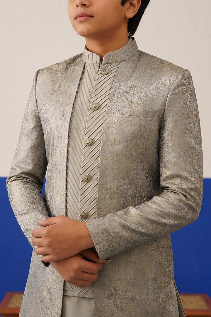 Beige Jacquard Floral Printed Indowestern Set For Boys by The Ethnic Co Kids at Pernia's Pop Up Shop
