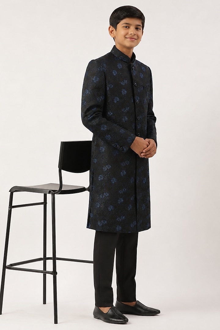 Navy Blue Cotton Silk Embroidered Indowestern Set For Boys by The Ethnic Co Kids at Pernia's Pop Up Shop