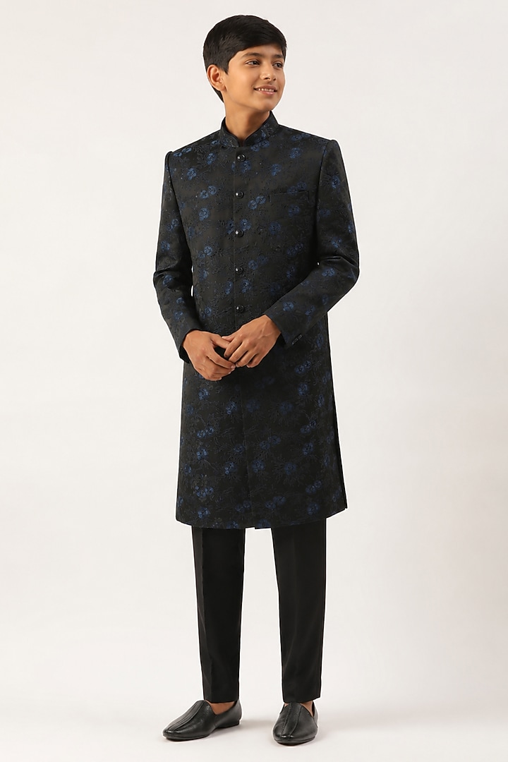 Navy Blue Cotton Silk Embroidered Indowestern Set For Boys by The Ethnic Co Kids at Pernia's Pop Up Shop
