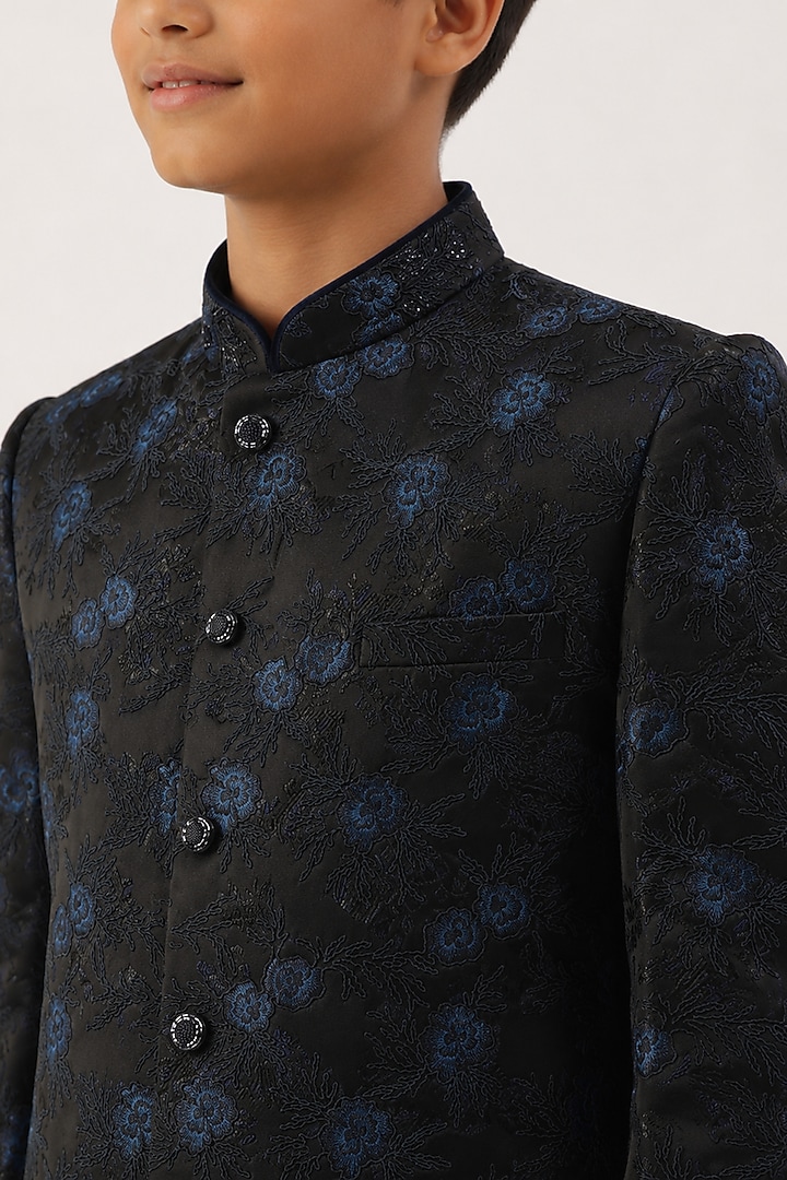 Navy Blue Cotton Silk Embroidered Indowestern Set For Boys by The Ethnic Co Kids at Pernia's Pop Up Shop
