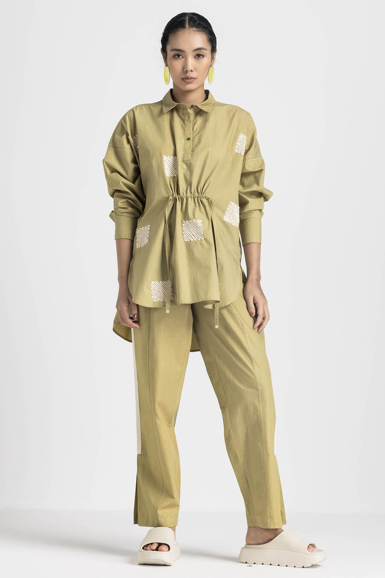 Moss Green Cotton Poplin Weave Embroidered Co-Ord Set by Three at Pernia's Pop Up Shop