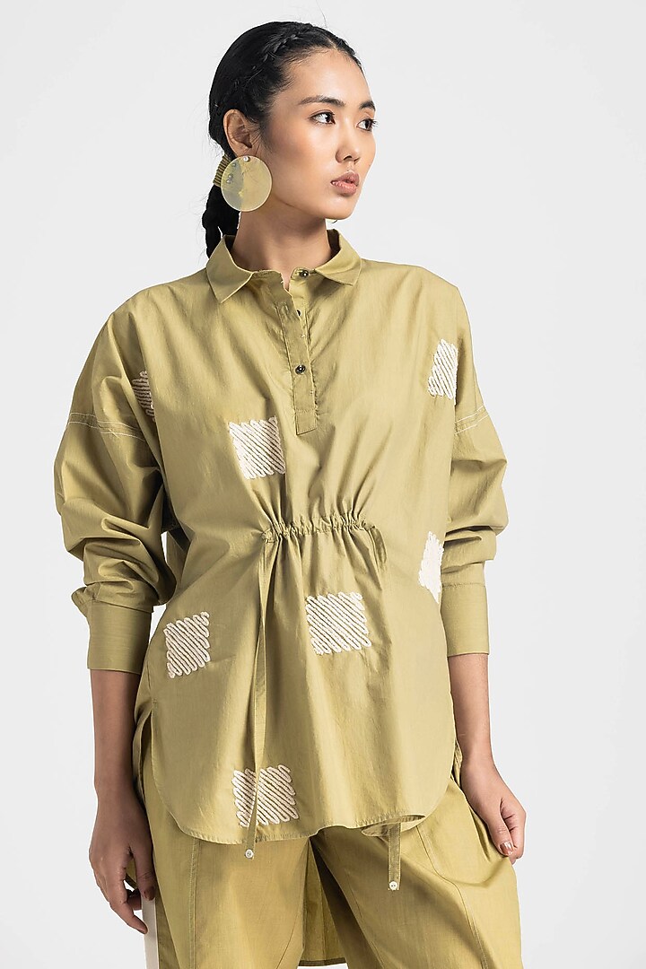 Moss Green Cotton Poplin Weave Embroidered Co-Ord Set by Three at Pernia's Pop Up Shop