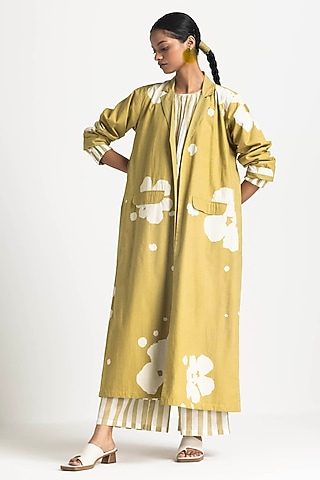Moss Green Cotton Poplin Floral Printed Jacket Set by Three