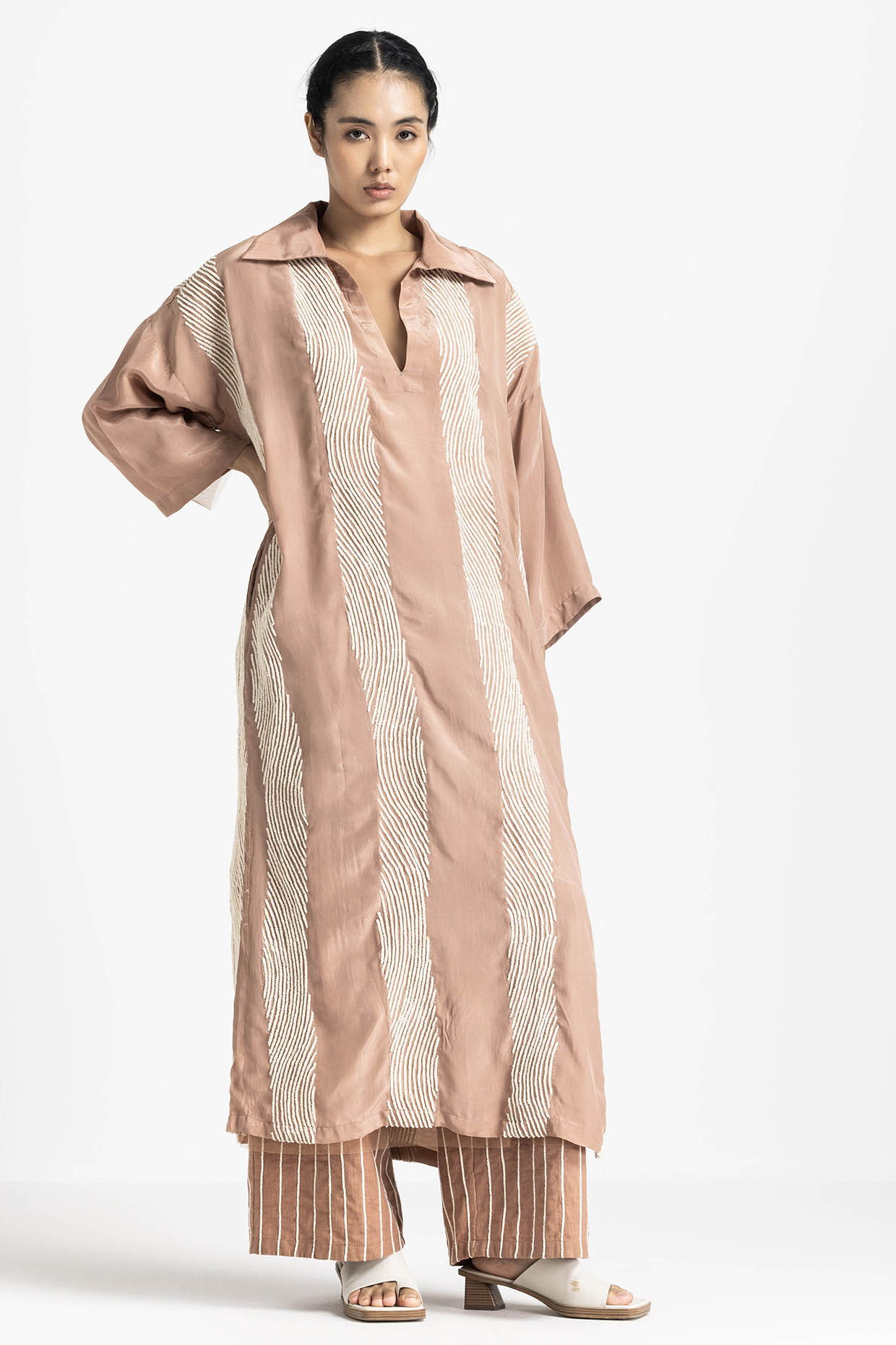Champagne Crepe Embroidered Tunic Set by Three at Pernia's Pop Up Shop