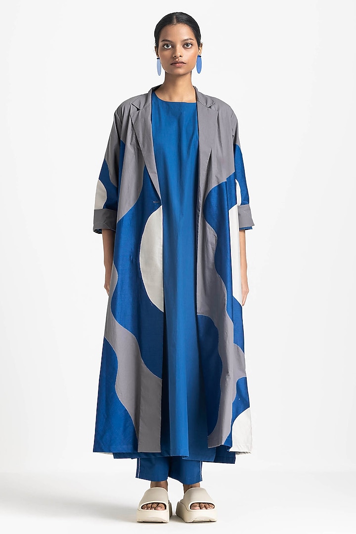 Electric Blue & Grey Cotton Poplin Floral Applique Overlay Jacket Set by Three at Pernia's Pop Up Shop