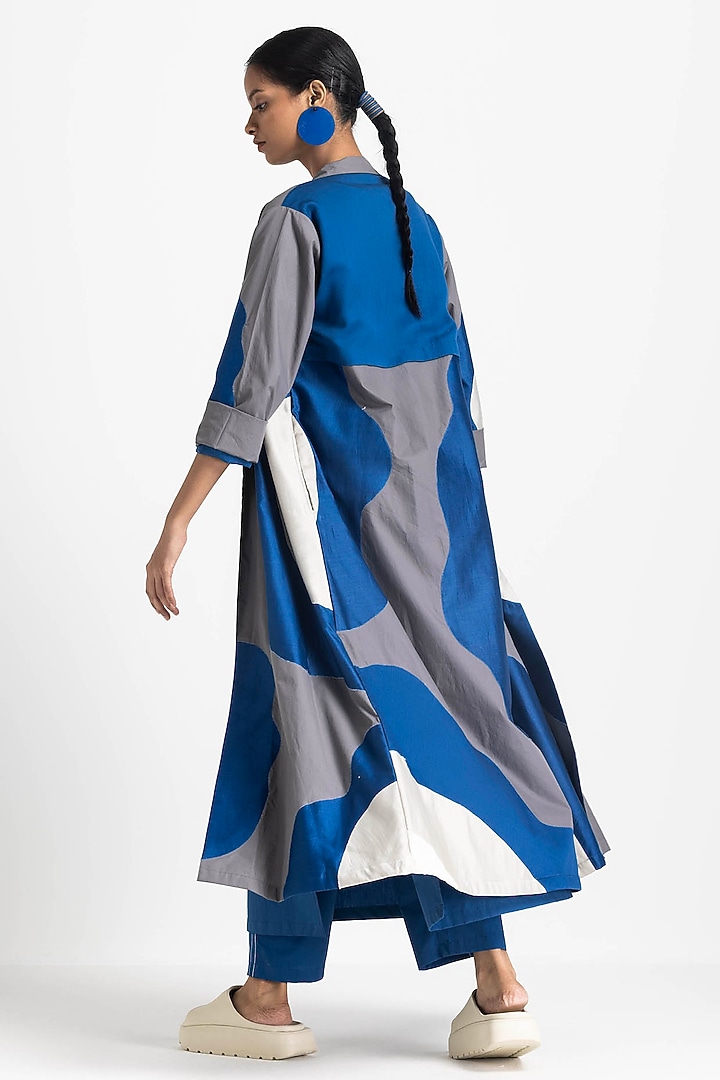 Electric Blue & Grey Cotton Poplin Floral Applique Overlay Jacket Set by Three at Pernia's Pop Up Shop
