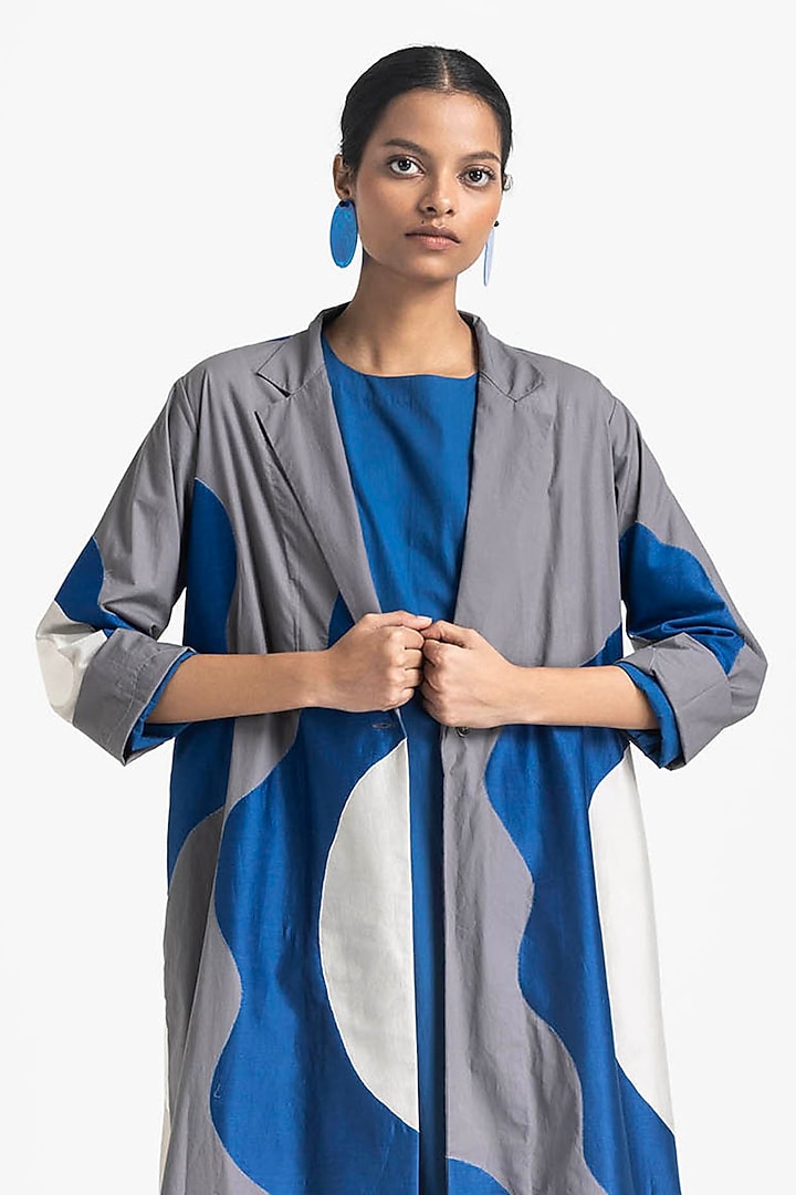 Electric Blue & Grey Cotton Poplin Floral Applique Overlay Jacket Set by Three at Pernia's Pop Up Shop