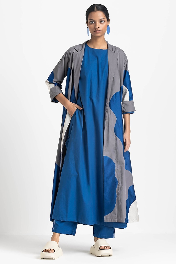 Electric Blue & Grey Cotton Poplin Floral Applique Overlay Jacket Set by Three at Pernia's Pop Up Shop