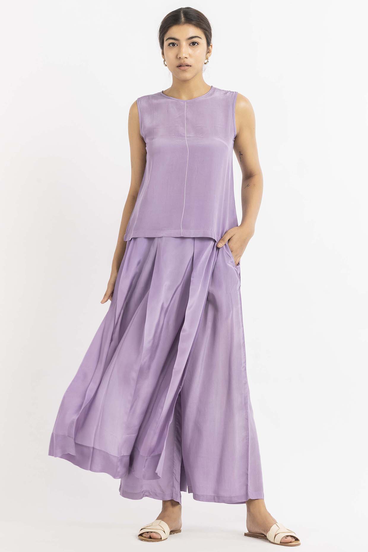 Lavender Silk Crepe Pant Set by Three