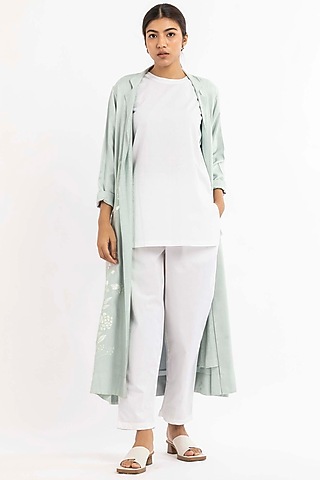 Powder Blue Tencel Jacket Set by Three