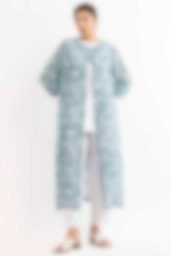 Powder Blue Silk Crepe Jacket Set by Three at Pernia's Pop Up Shop