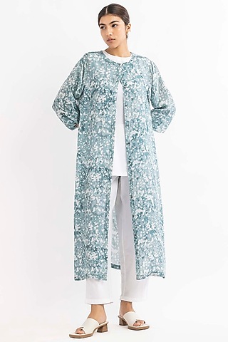 Powder Blue Silk Crepe Jacket Set by Three