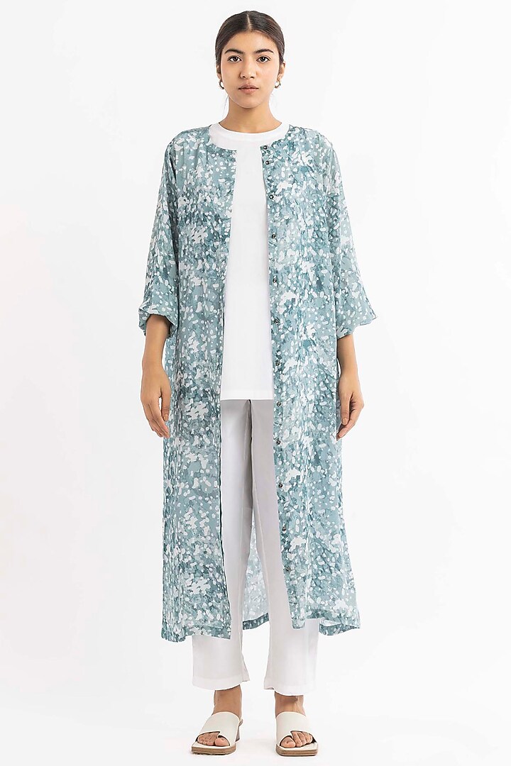 Powder Blue Silk Crepe Jacket Set by Three at Pernia's Pop Up Shop