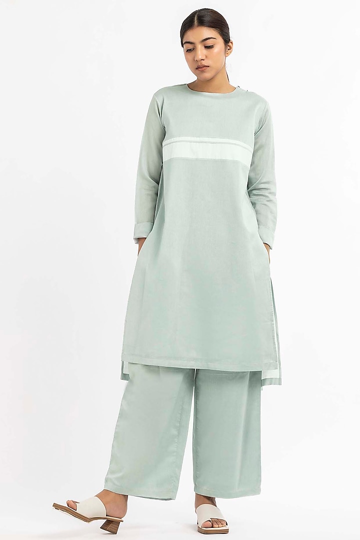 Powder Blue Chanderi Pleated Tunic by Three