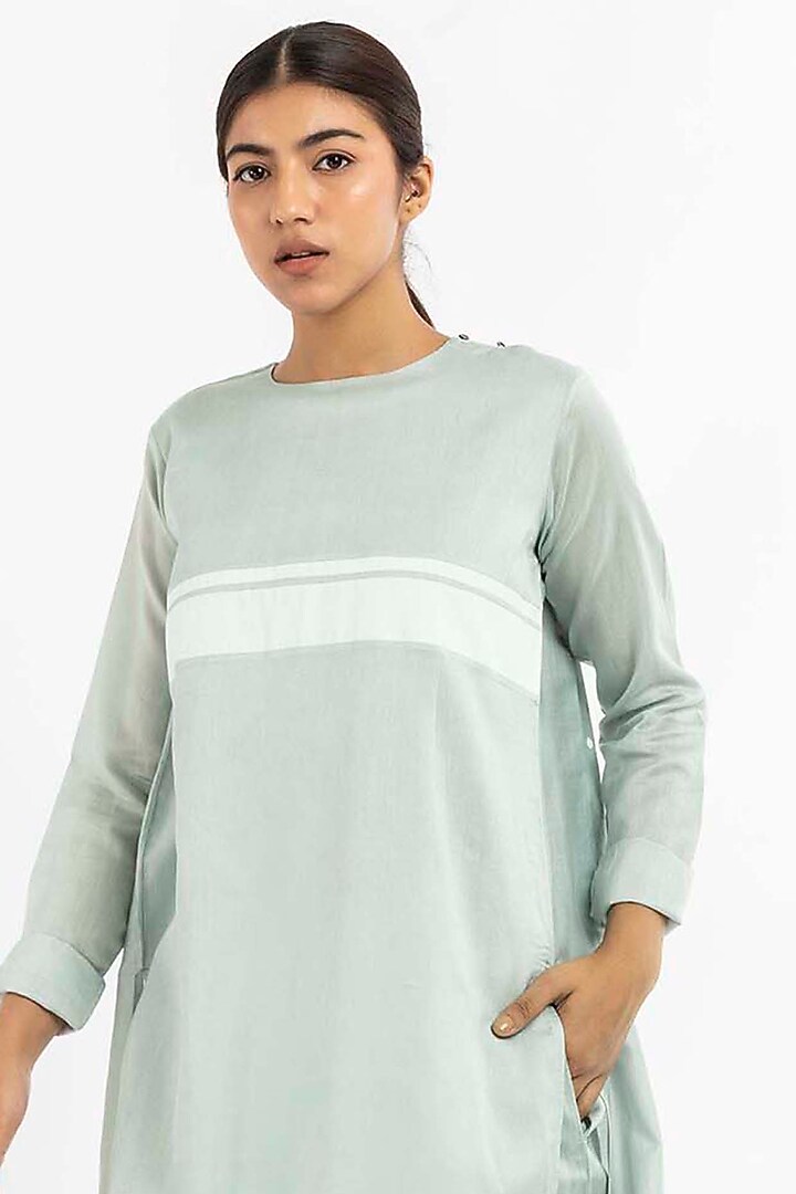 Powder Blue Chanderi Pleated Tunic by Three at Pernia's Pop Up Shop