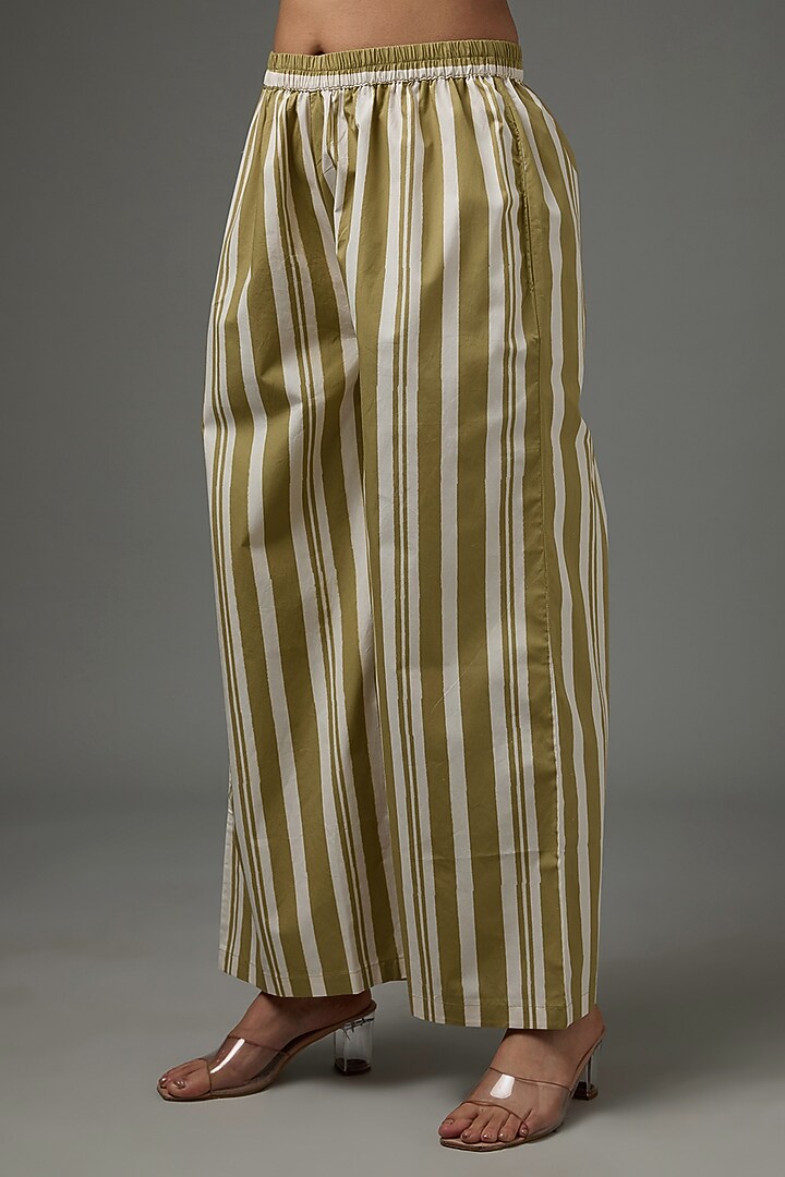 Moss Green Cotton Poplin Hand Printed Pant Set by Three at Pernia's Pop Up Shop