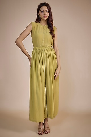 Moss Green Crepe Straight Gathered Pant Set by Three