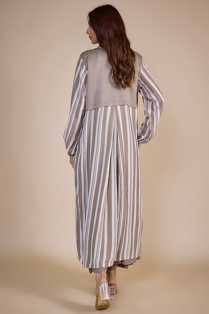 Beige & White Stripe Printed Jacket Set by Three at Pernia's Pop Up Shop