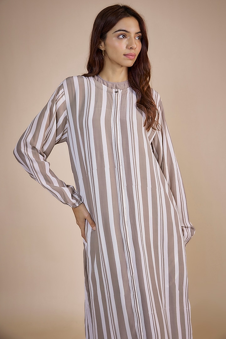 Beige & White Stripe Printed Jacket Set by Three at Pernia's Pop Up Shop
