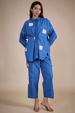 Electric Blue Cotton Poplin Embroidered Co-Ord Set by Three