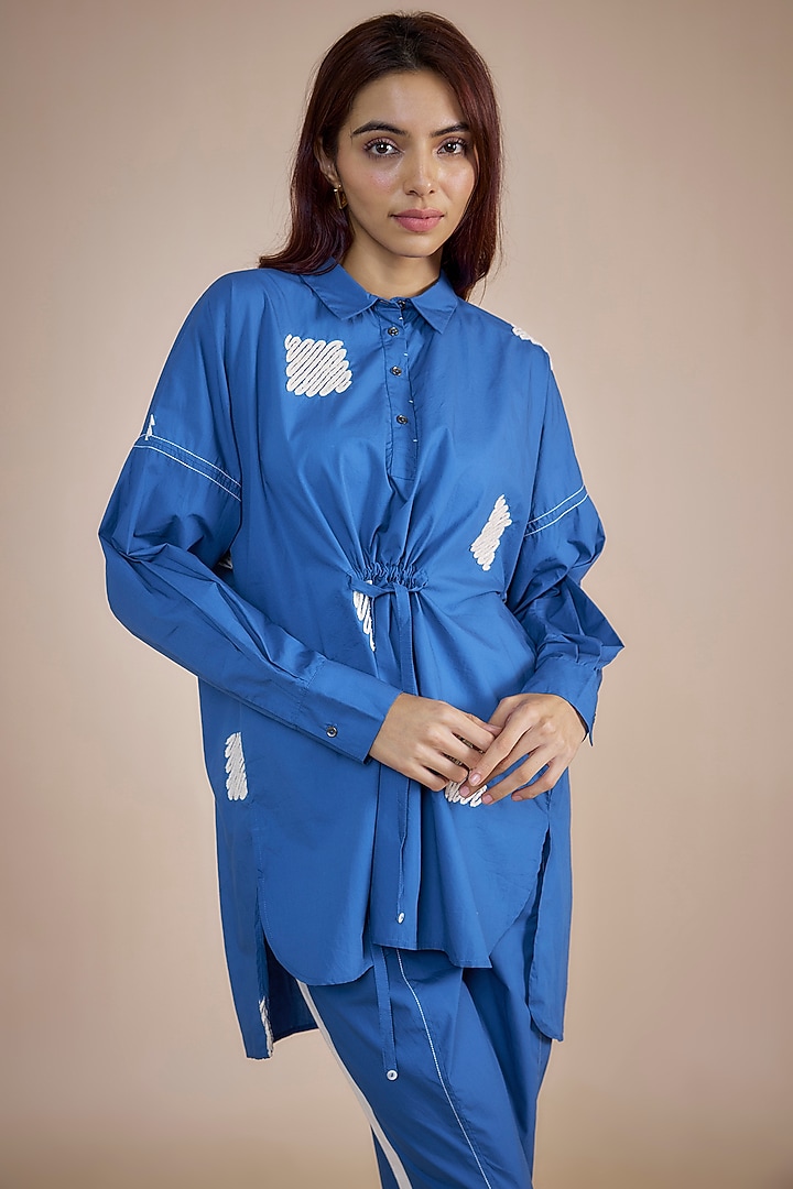 Electric Blue Cotton Poplin Embroidered Co-Ord Set by Three at Pernia's Pop Up Shop
