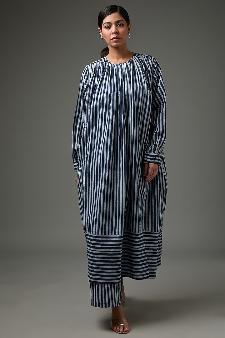 Blue Cotton Poplin Floral Hand Printed Jacket Set by Three at Pernia's Pop Up Shop