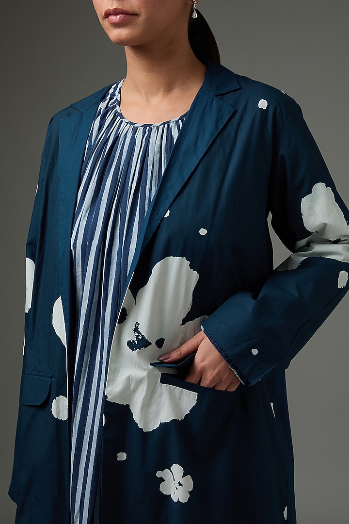 Blue Cotton Poplin Floral Hand Printed Jacket Set by Three at Pernia's Pop Up Shop