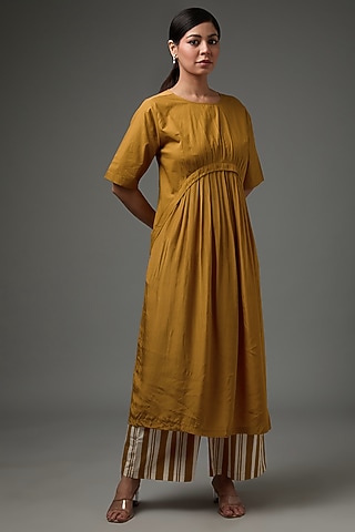 Mustard Cotton Poplin & Chanderi Tunic Set by Three