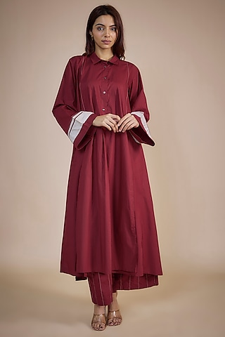 Crimson Red Cotton Poplin Paneled Kurta Set by Three