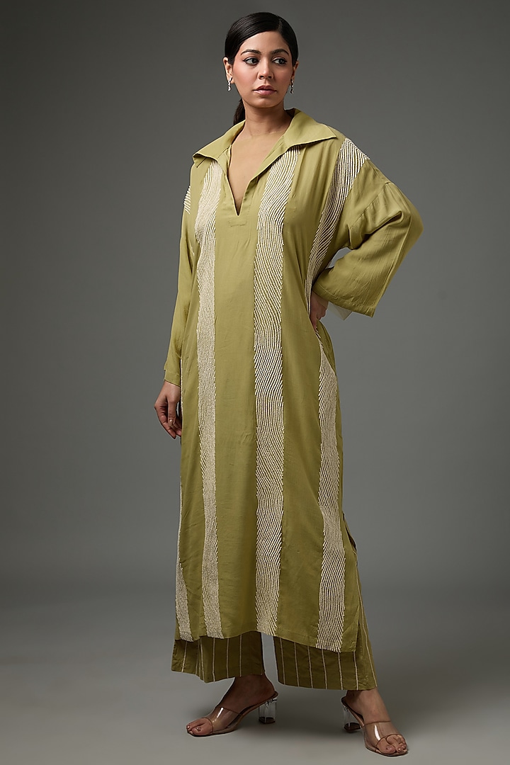 Moss Green Silk Crepe Wave Embroidered Kaftan Set by Three