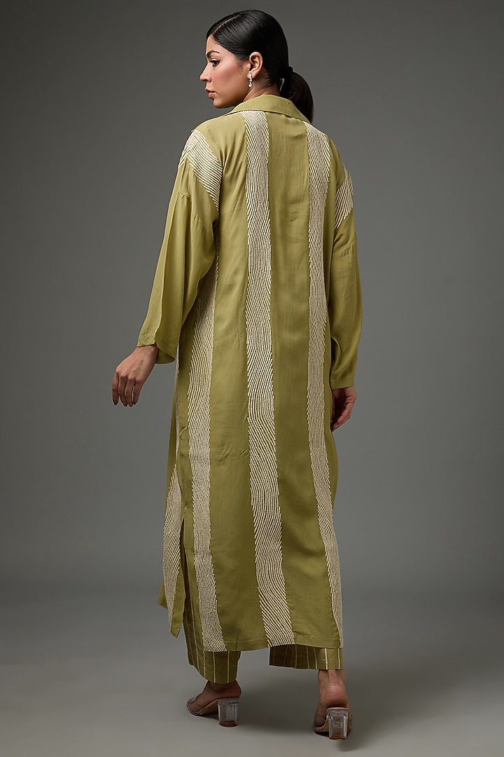 Moss Green Silk Crepe Wave Embroidered Kaftan Set by Three at Pernia's Pop Up Shop