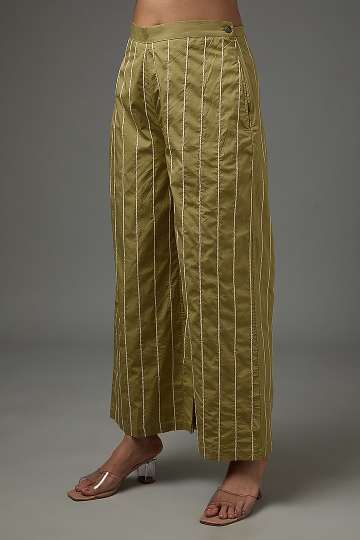Moss Green Silk Crepe Wave Embroidered Kaftan Set by Three at Pernia's Pop Up Shop
