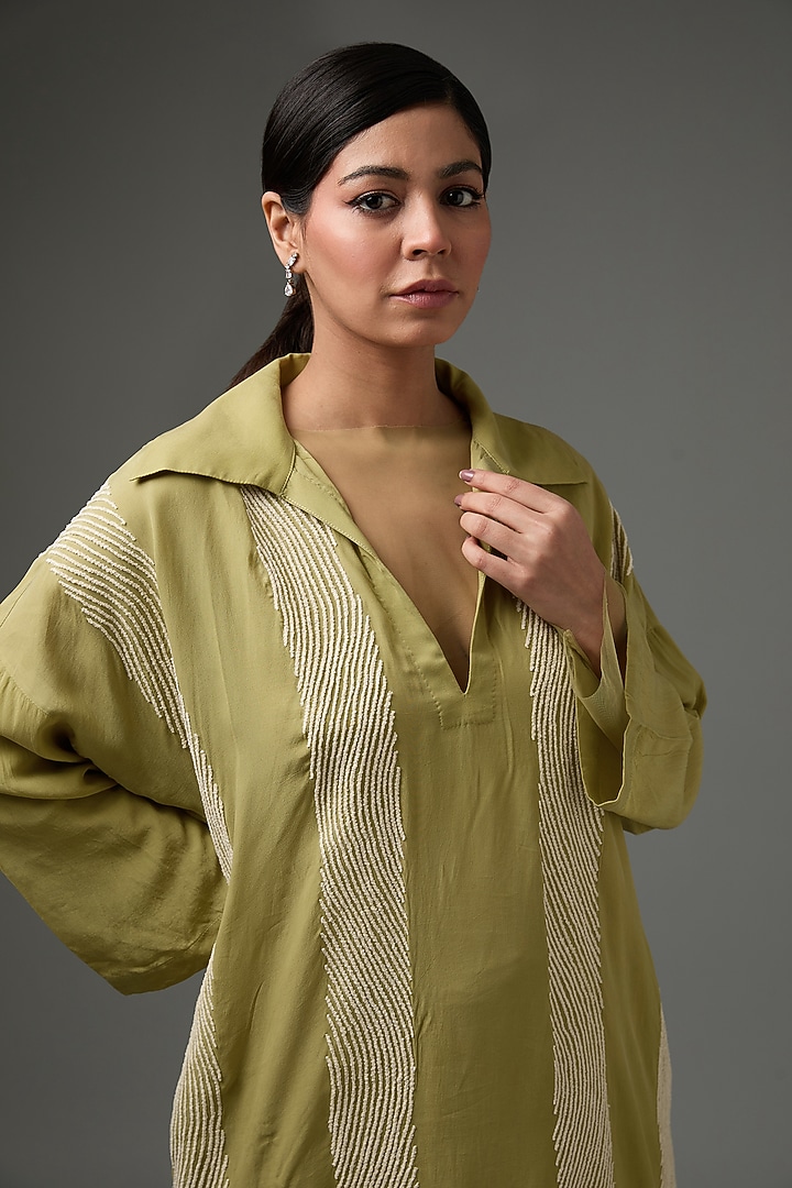 Moss Green Silk Crepe Wave Embroidered Kaftan Set by Three at Pernia's Pop Up Shop