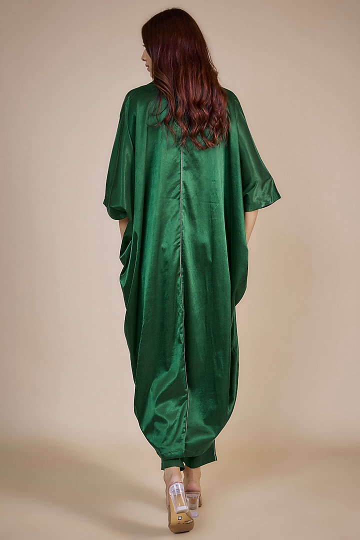 Emerald Green Satin Lycra Kaftan Set by Three at Pernia's Pop Up Shop